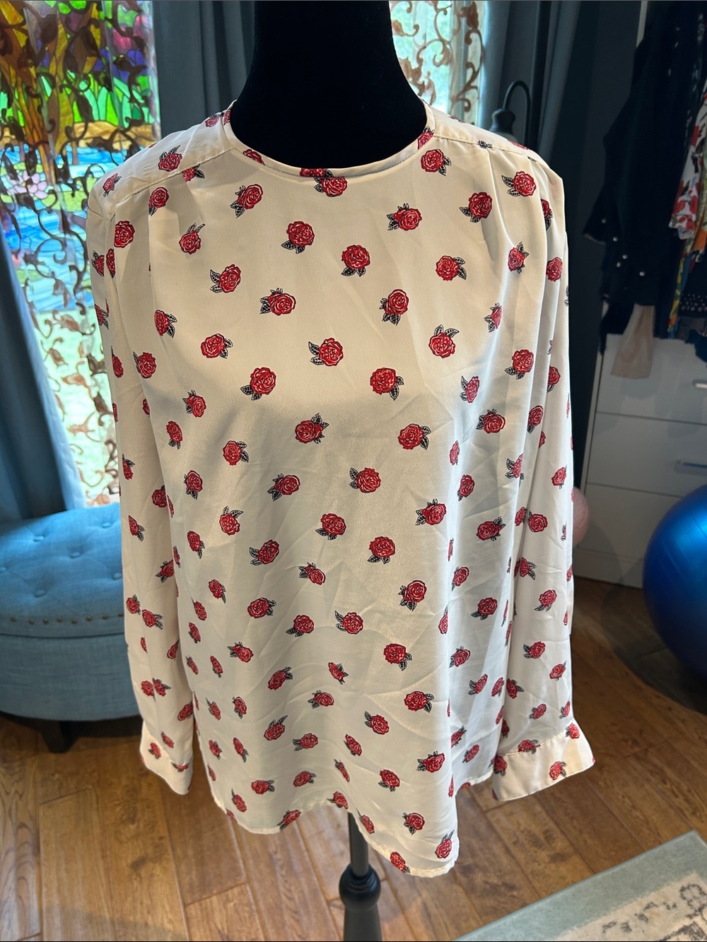 Chaus Cream Blouse with Red Rose Print
